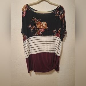 Floral Striped  Knotted Bottom Women's Top